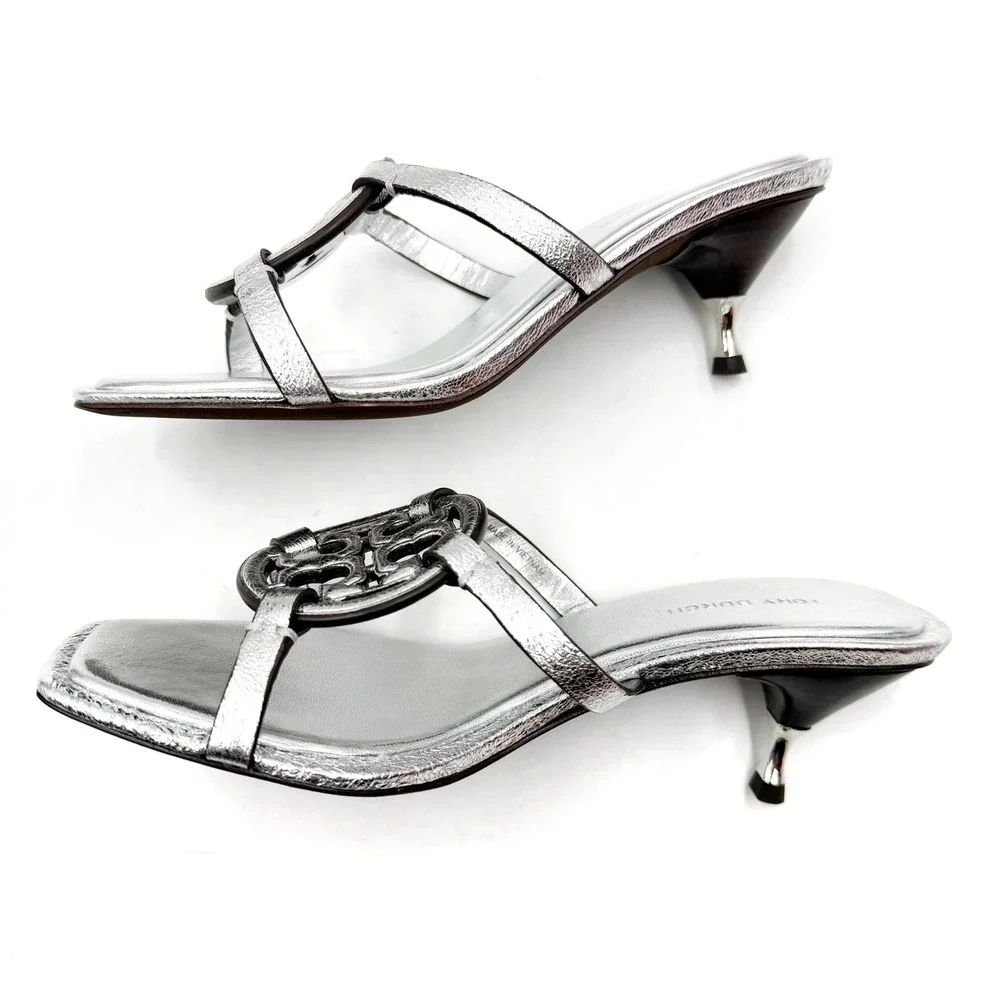 Tory‎ Burch Geo Bombe Miller Sandals Metallic Silver Thong Low Heel Sz 6